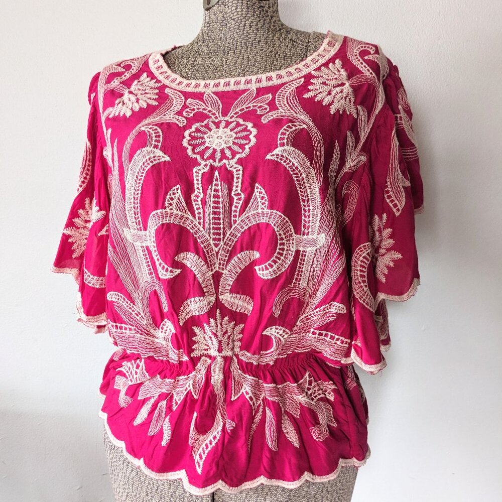 Solitaire Embroidered Pink Blouse Boho Size Small Handcrafted Vintage-Inspired